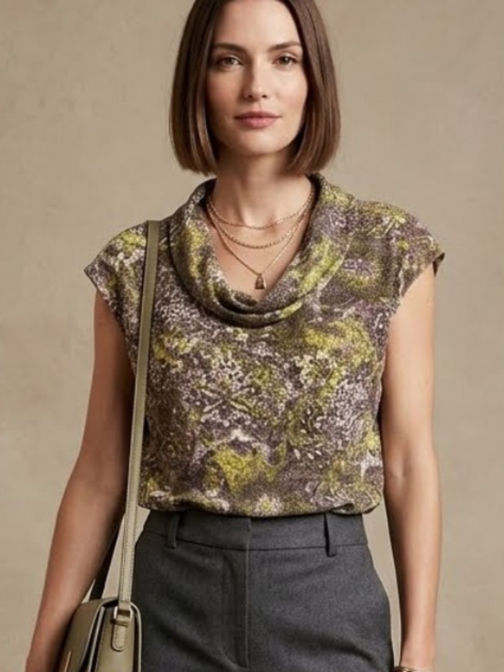 Jones New York AbstractTop Sz XL Cowl Neck Cap Sleeve Green/Purple Fairy Whimsy